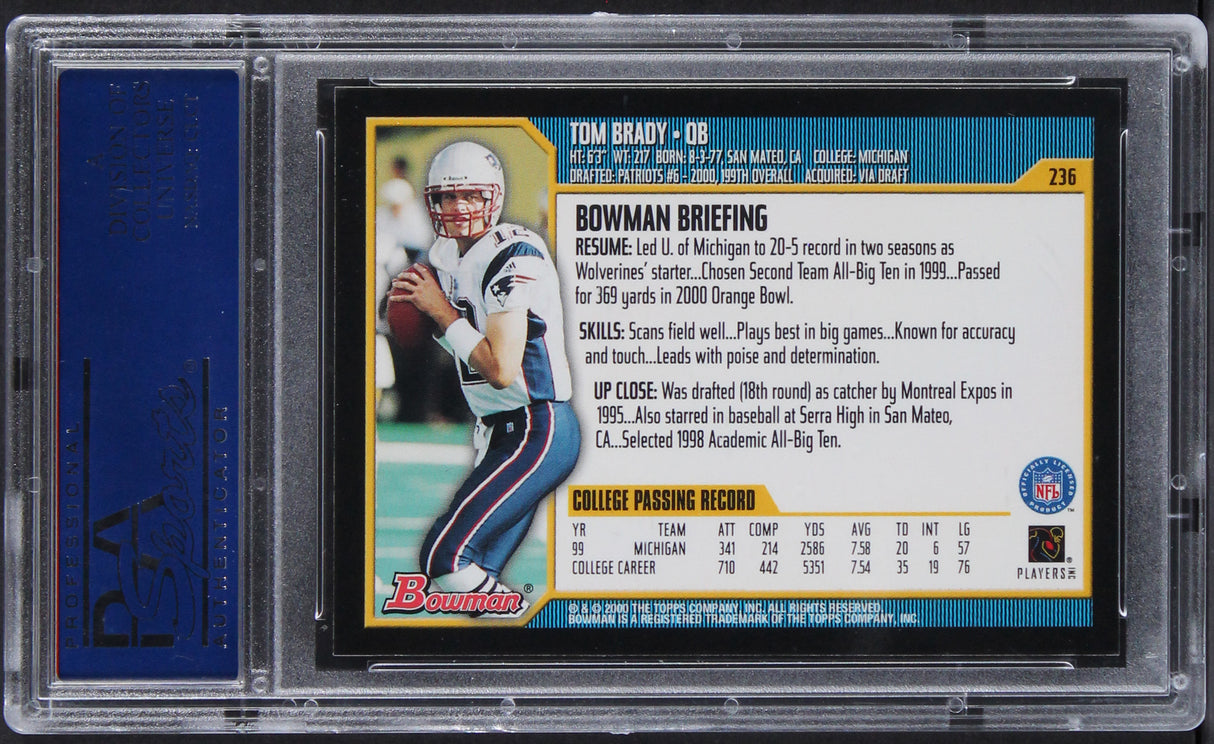 Patriots Tom Brady 2000 Bowman #236 Rookie Card Graded Gem Mint 10! PSA Slabbed