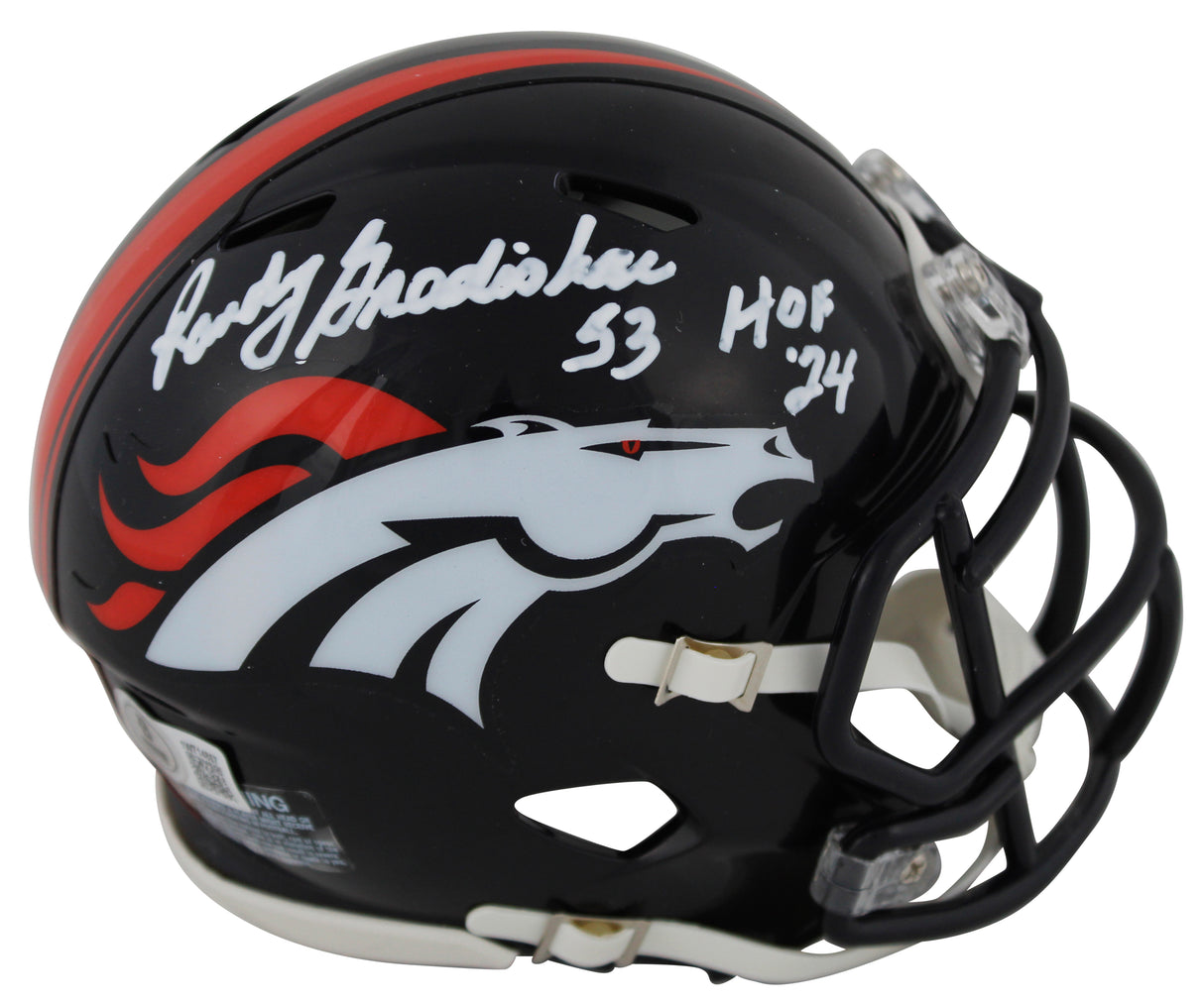 Broncos Randy Gradishar "HOF 24" Signed Speed Mini Helmet BAS Witnessed