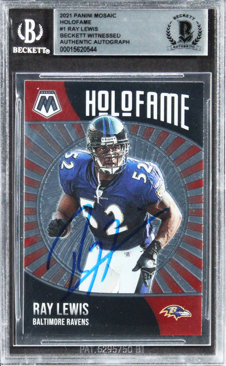 Ravens Ray Lewis Authentic Signed 2021 Panini Mosaic Holofame #1 Card BAS Slab