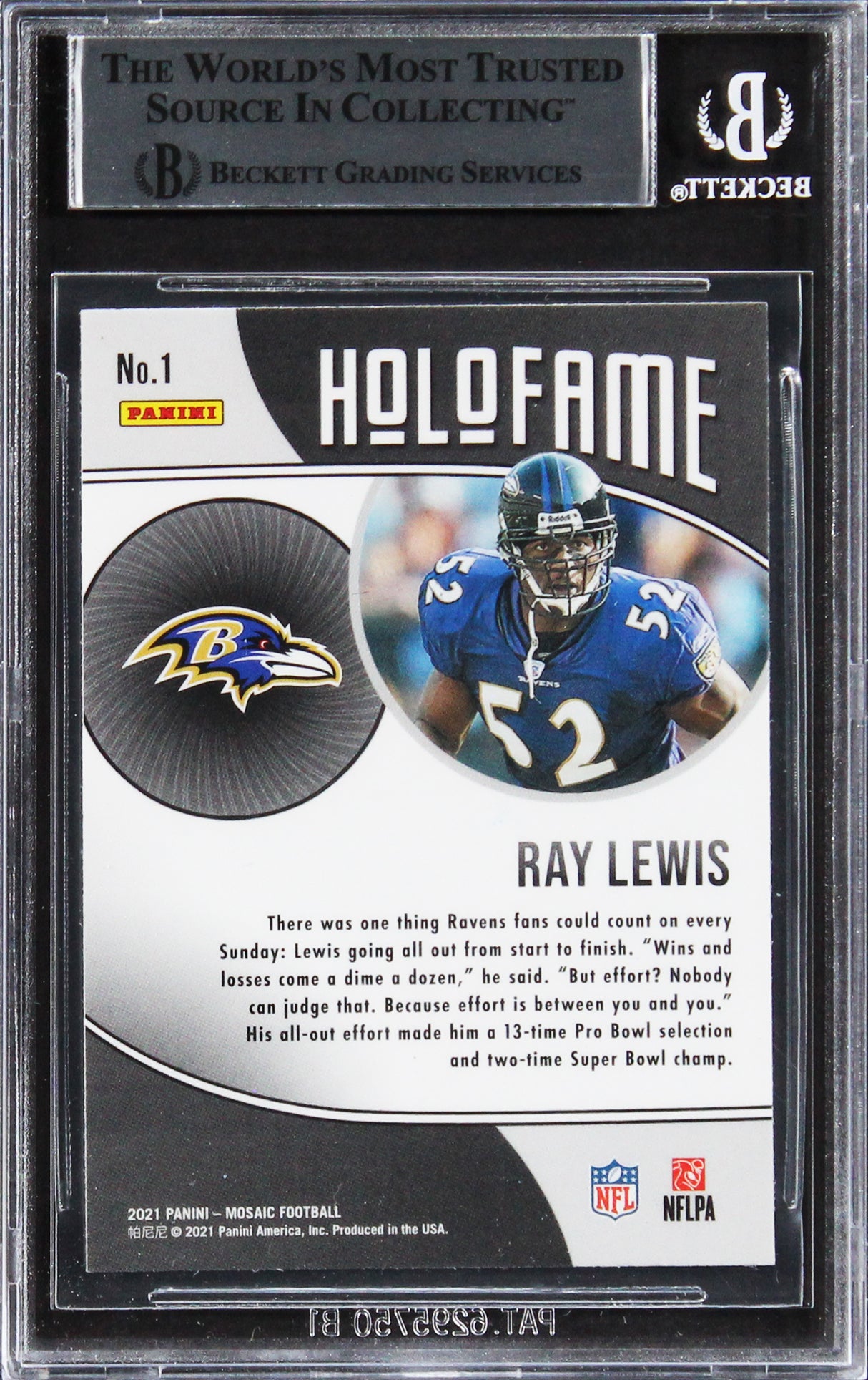 Ravens Ray Lewis Authentic Signed 2021 Panini Mosaic Holofame #1 Card BAS Slab