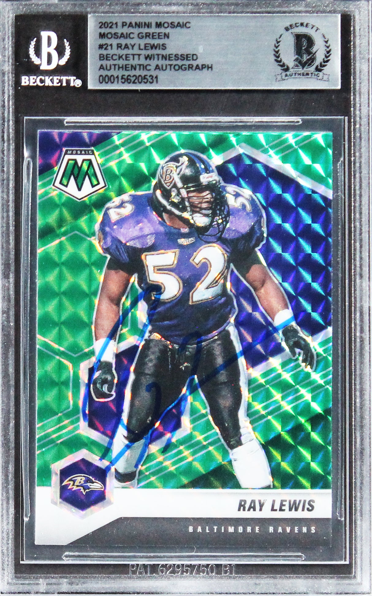 Ravens Ray Lewis Authentic Signed 2021 Panini Mosaic Green #21 Card BAS Slabbed