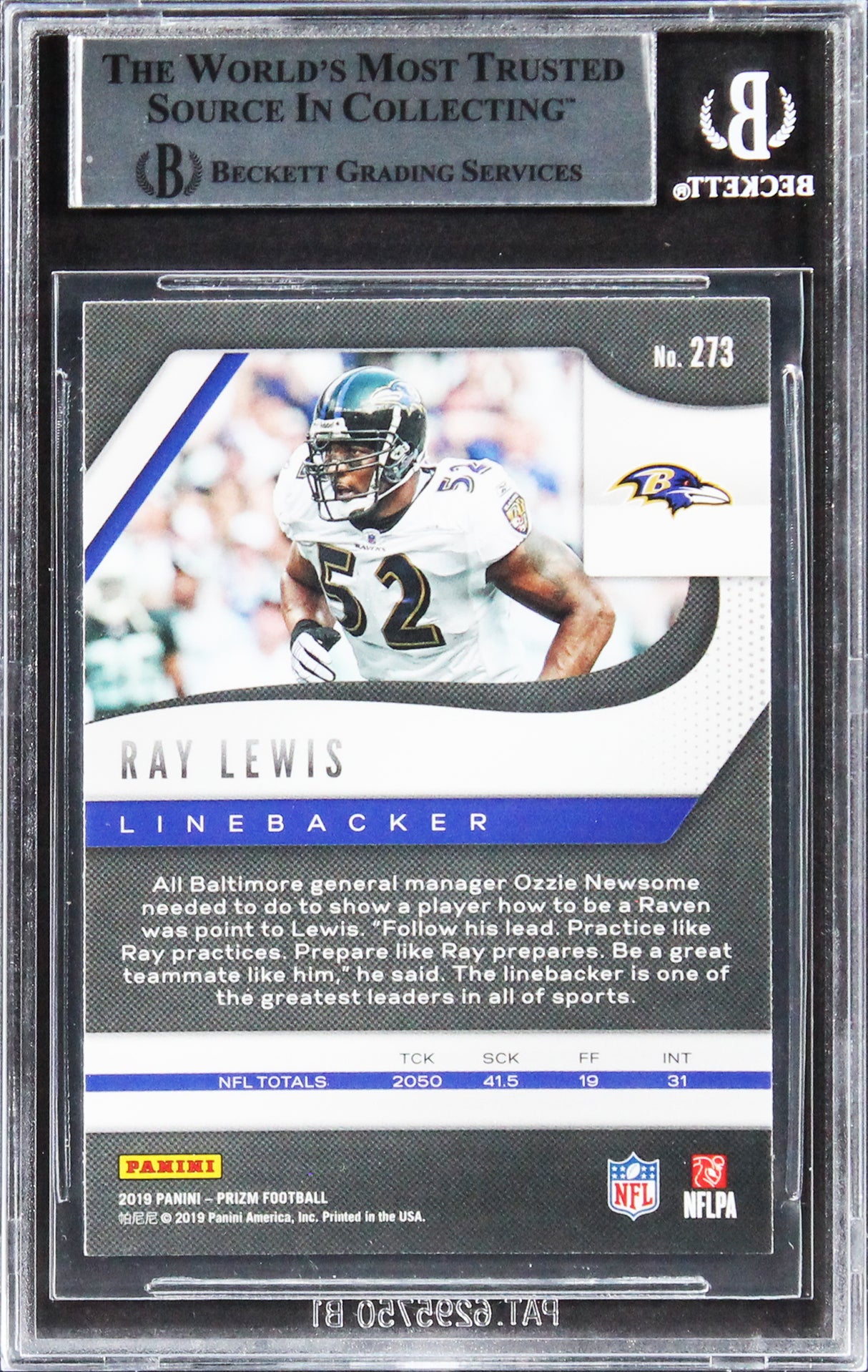 Ravens Ray Lewis Authentic Signed 2019 Panini Prizm #273 Card BAS Slabbed