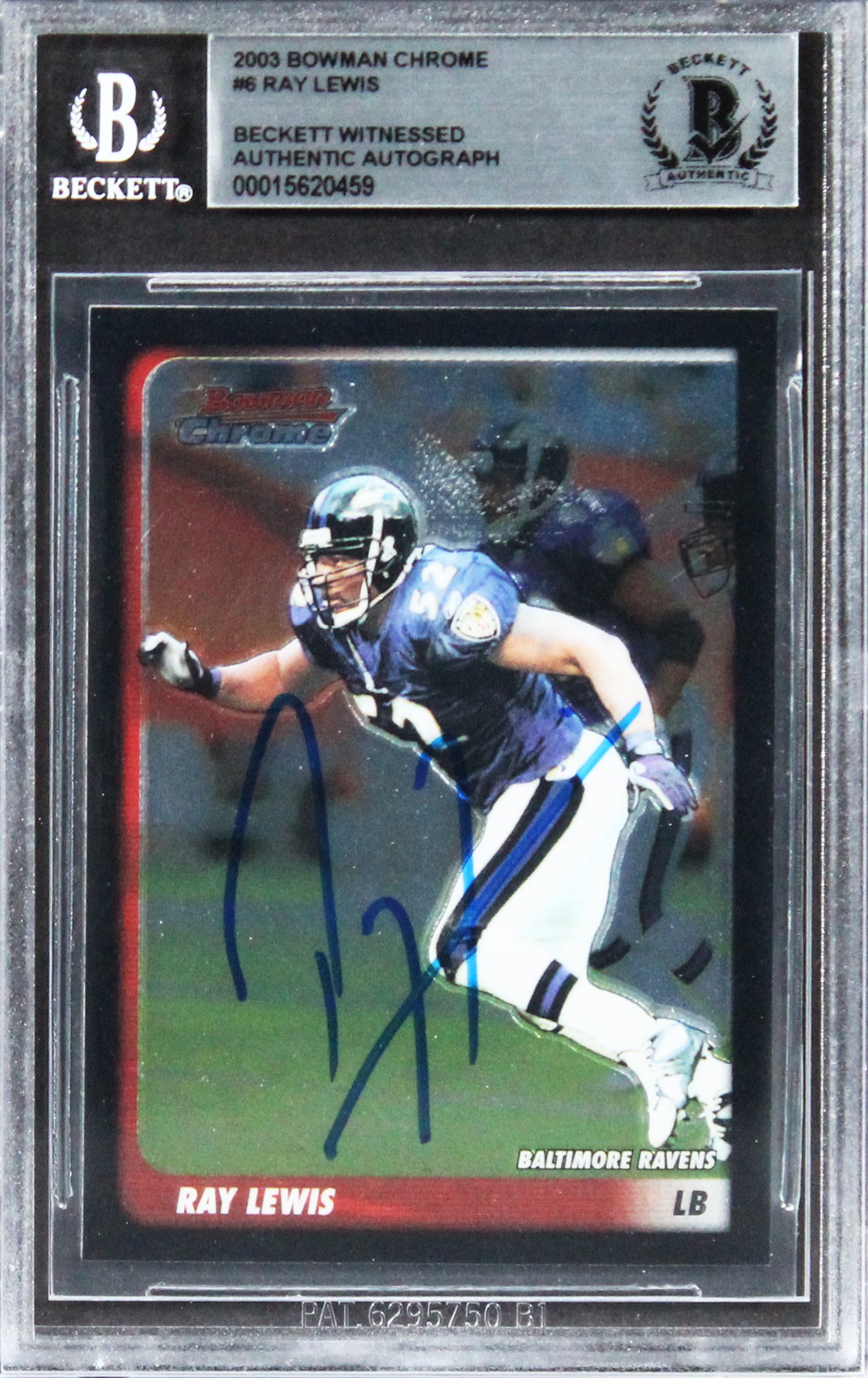 Ravens Ray Lewis Authentic Signed 2003 Bowman Chrome #6 Card BAS Slabbed