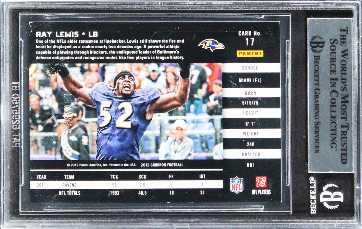 Ravens Ray Lewis Signed 2012 Gridiron Silver X's #17 #156/250 Card BAS Slabbed