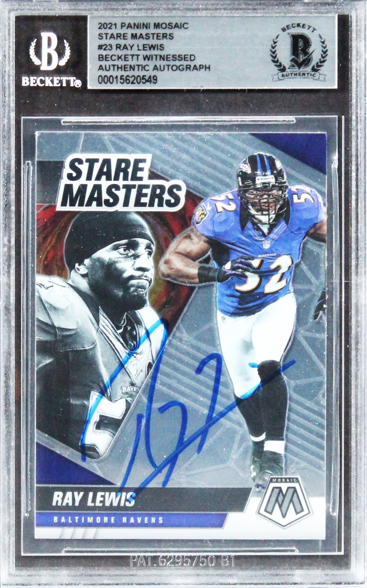 Ravens Ray Lewis Signed 2021 Panini Mosaic Stare Masters #23 Card BAS Slabbed