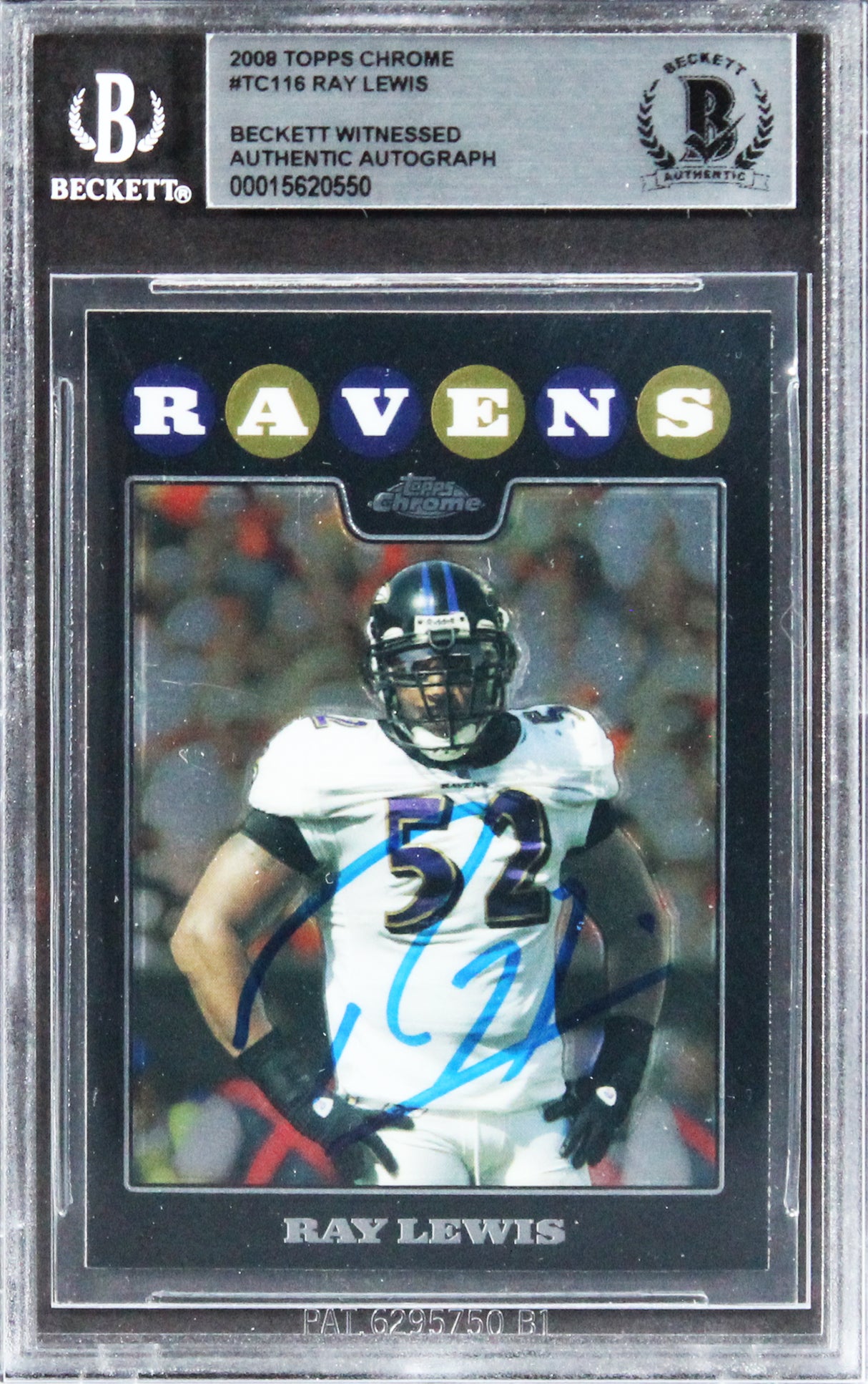 Ravens Ray Lewis Authentic Signed 2008 Topps Chrome #TC116 Card BAS Slabbed