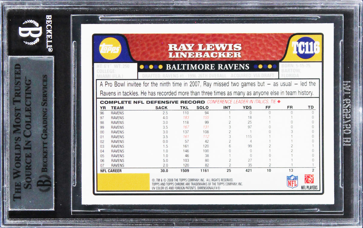 Ravens Ray Lewis Authentic Signed 2008 Topps Chrome #TC116 Card BAS Slabbed