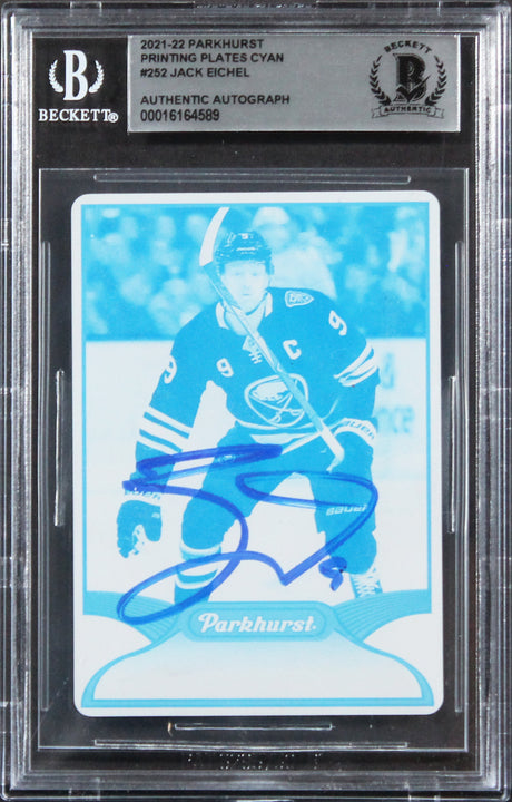 Sabres Jack Eichel Signed 2021 Parkhurst Printing Plates #252 Card BAS Slabbed