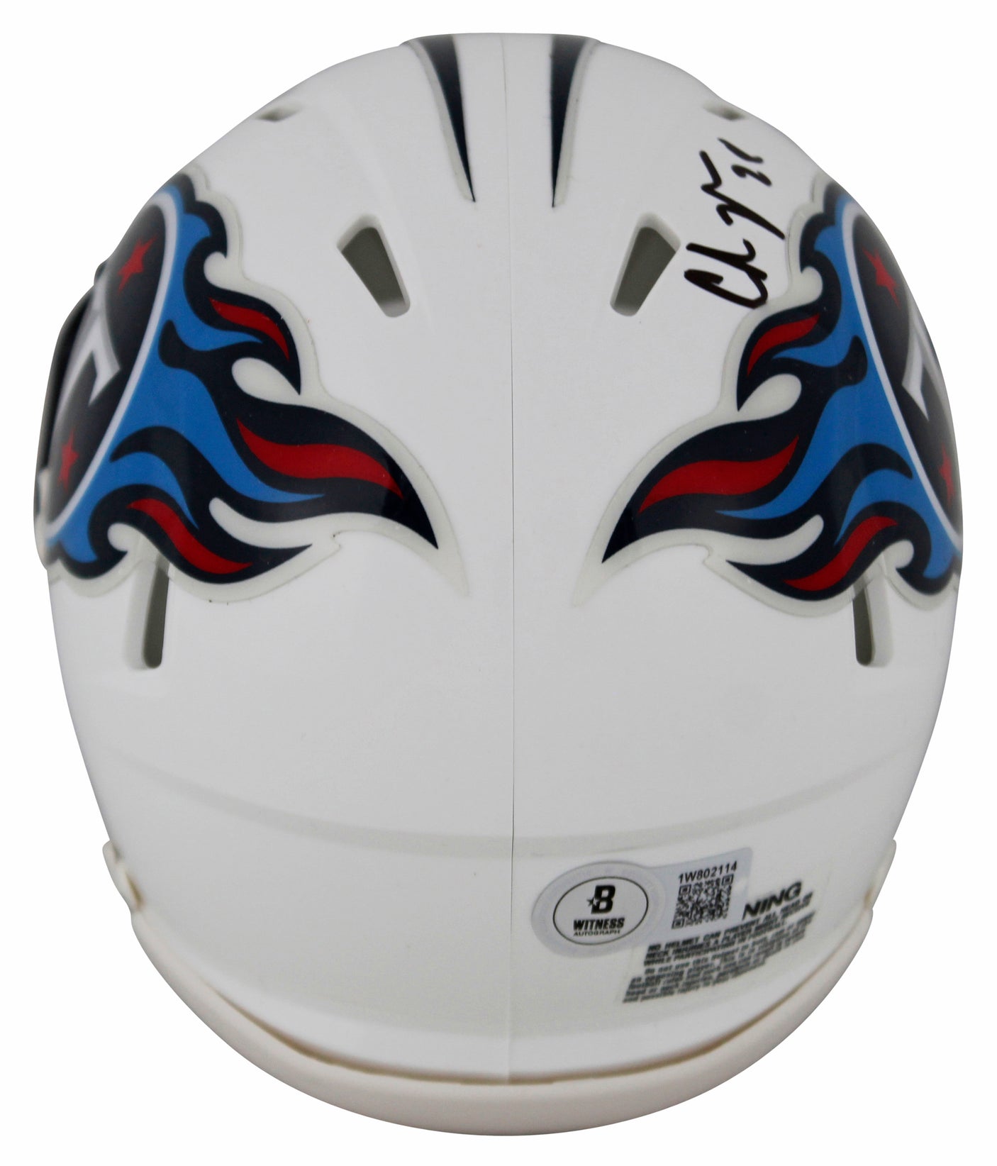 Titans Chris Johnson Signed 1999-17 TB White Speed Mini Helmet BAS Witnessed