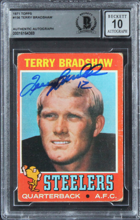 Steelers Terry Bradshaw Signed 1971 Topps #156 RC Card Auto 10! BAS Slabbed