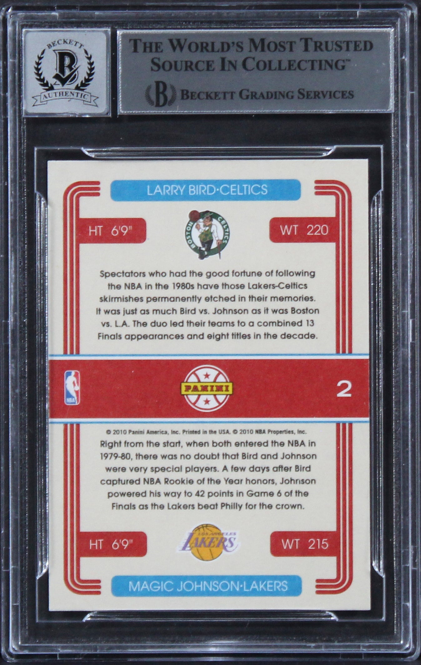 Larry Bird & Magic Johnson Signed 2010 Donruss Duos #2 Card Auto 10! BAS Slabbed