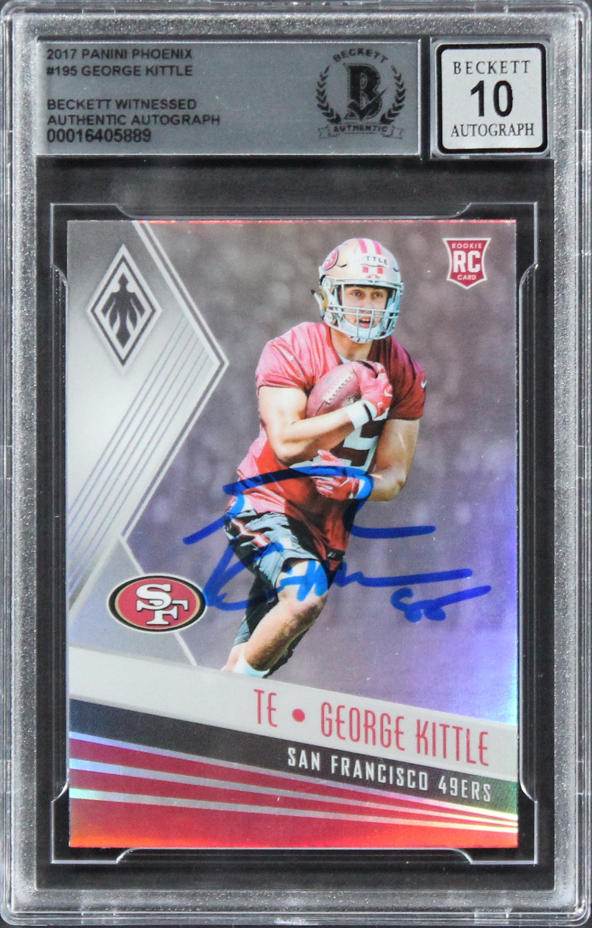 George Kittle Signed 2017 Panini Phoenix Purple #195 RC Card Auto 10 BAS Slab 2