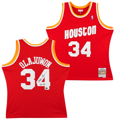 Rockets Hakeem Olajuwon "HOF 08" Signed 1993-94 Red M&N Swingman Jersey BAS Wit