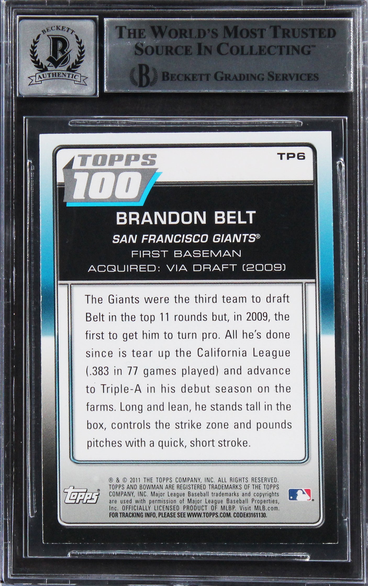 Marlins Brandon Belt Signed 2011 Bowman Topps 100 #TP6 Card Auto 10! BAS Slabbed