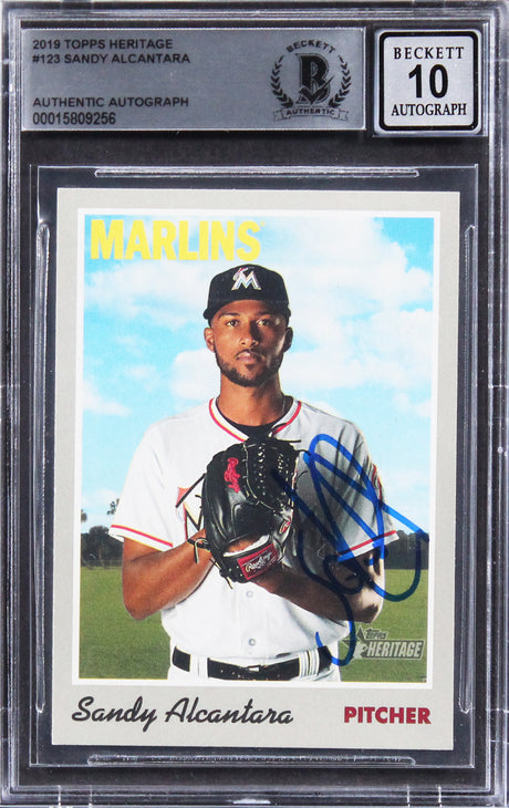 Marlins Sandy Alcantara Signed 2019 Topps Heritage #123 Card Auto 10! BAS Slab