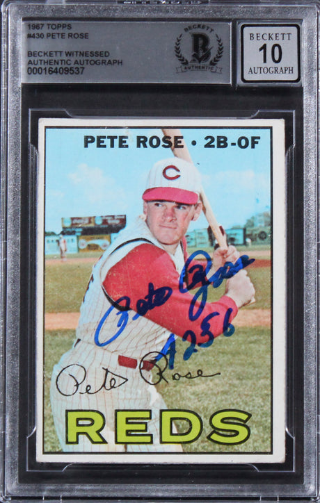 Reds Pete Rose "4256" Authentic Signed 1967 Topps #430 Card Auto 10! BAS Slabbed