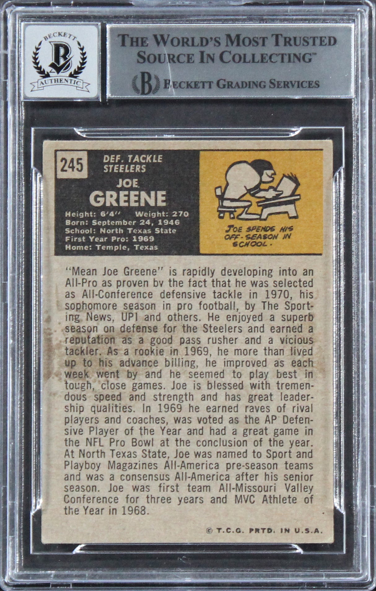 Steelers Joe Greene "HOF 87" Signed 1971 Topps #245 RC Auto 10! BAS Slabbed 3