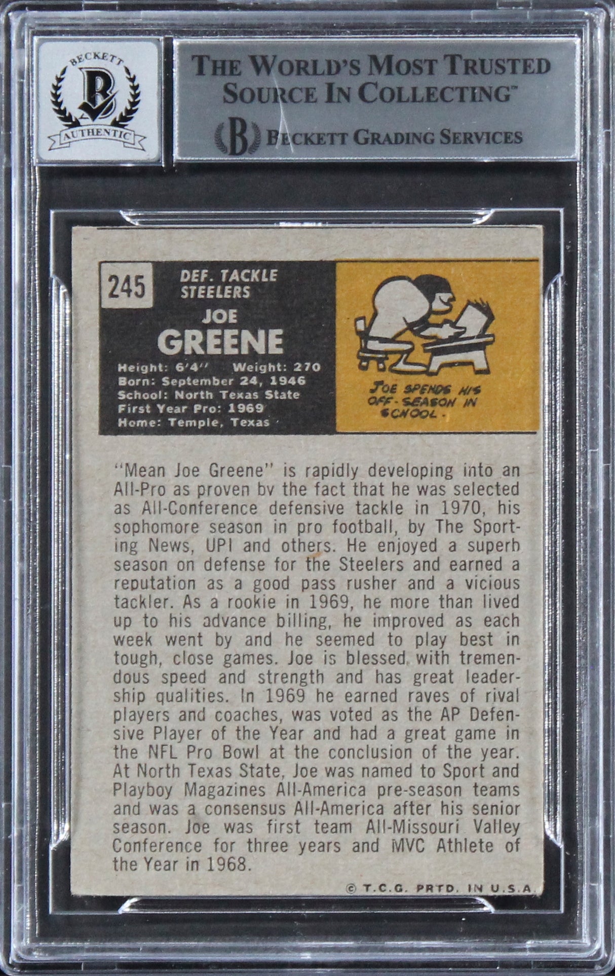 Steelers Joe Greene "HOF 87" Signed 1971 Topps #245 RC Auto 10! BAS Slabbed 5