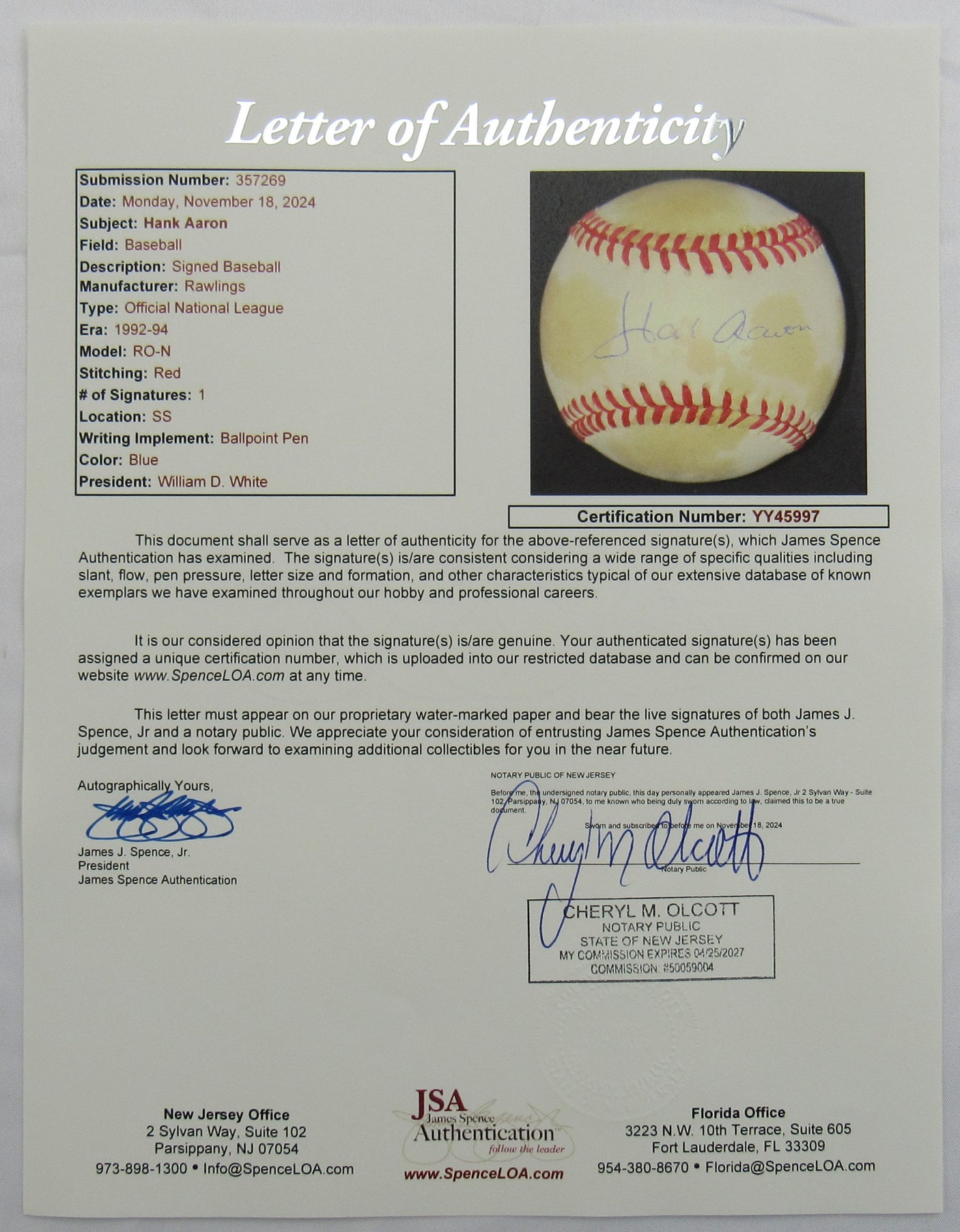 Hank Aaron Signed Auto Autograph Rawlings Baseball JSA LOA YY45997