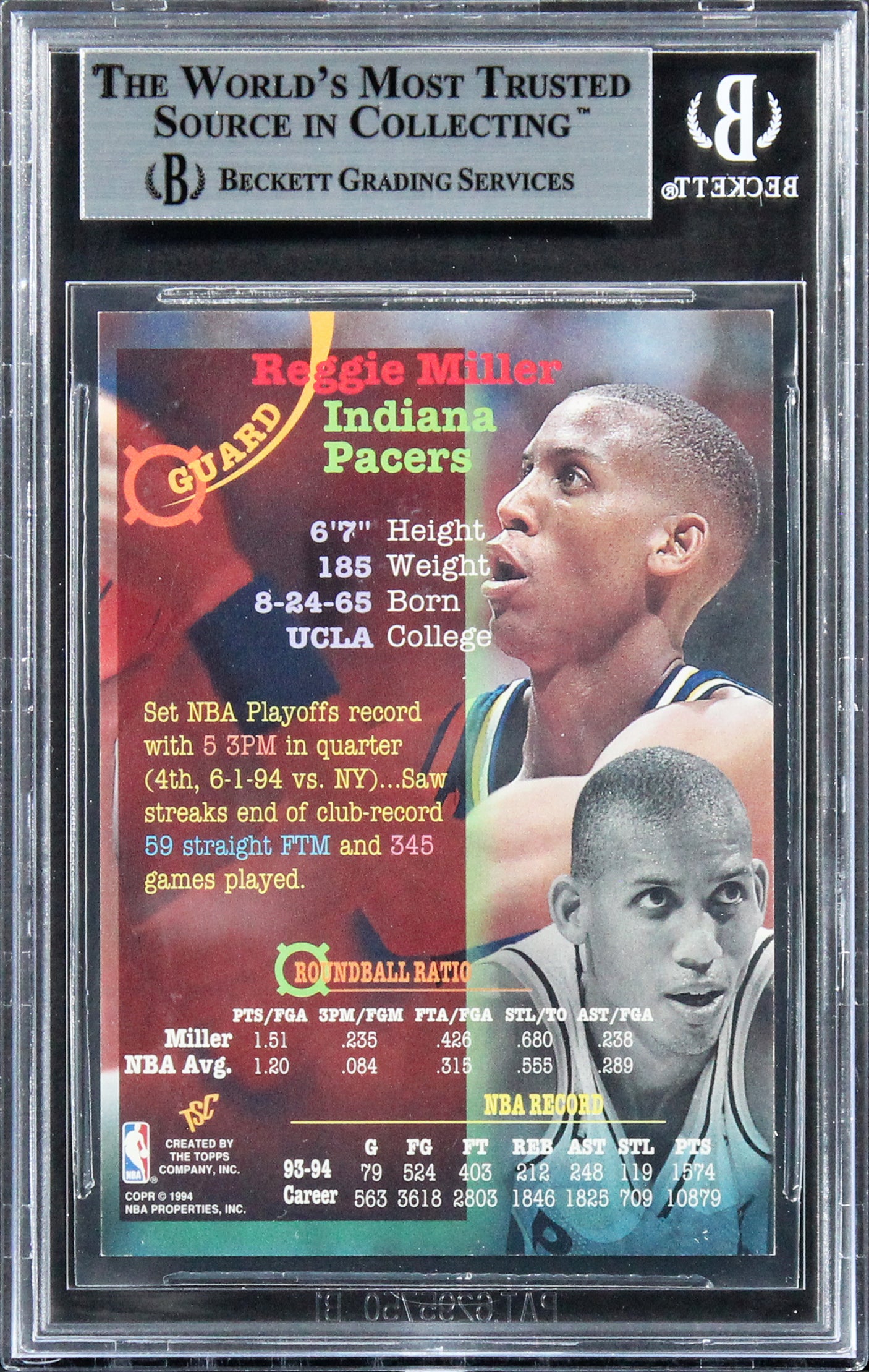 Pacers Reggie Miller Authentic Signed 1994 Stadium Club #144 Card BAS Slabbed