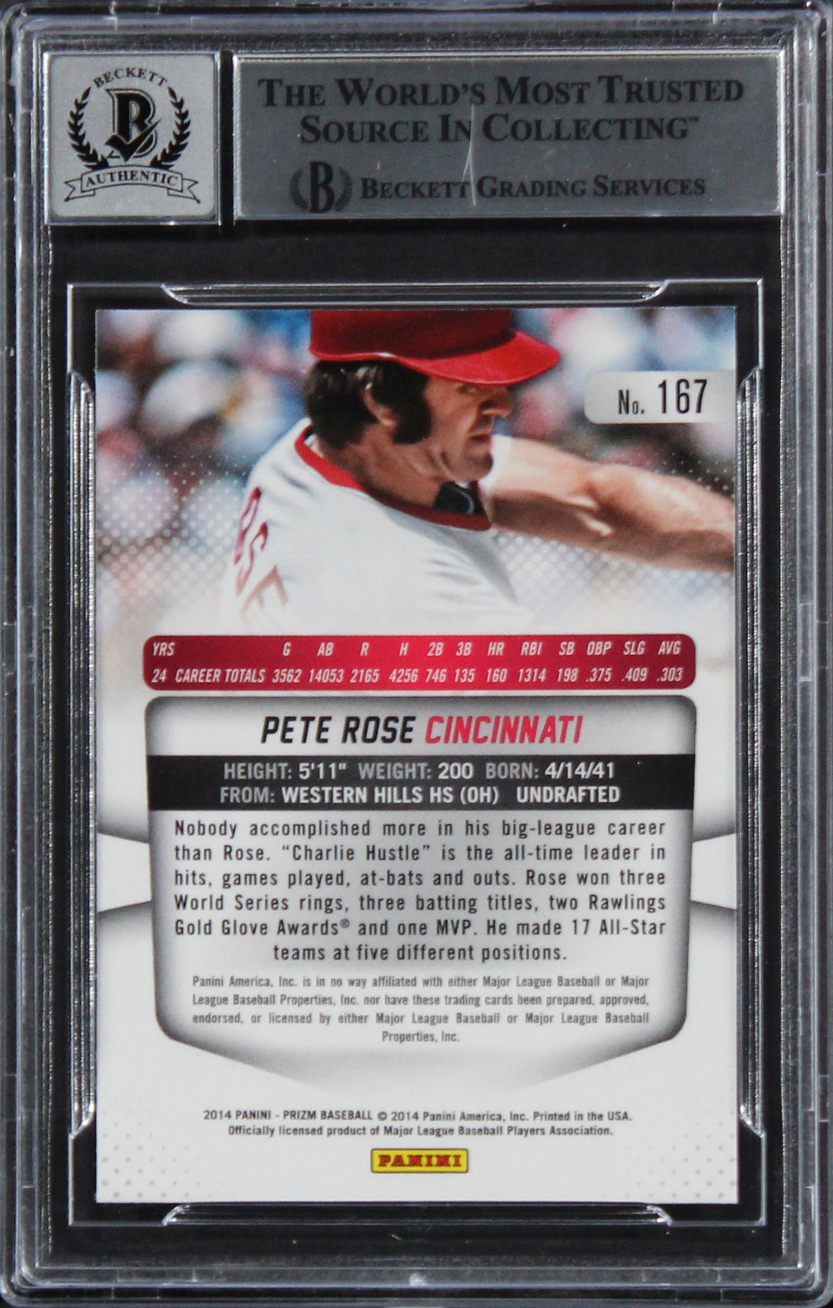 Reds Pete Rose Authentic Signed 2014 Panini Prizm #167 Card Auto 10! BAS Slabbed