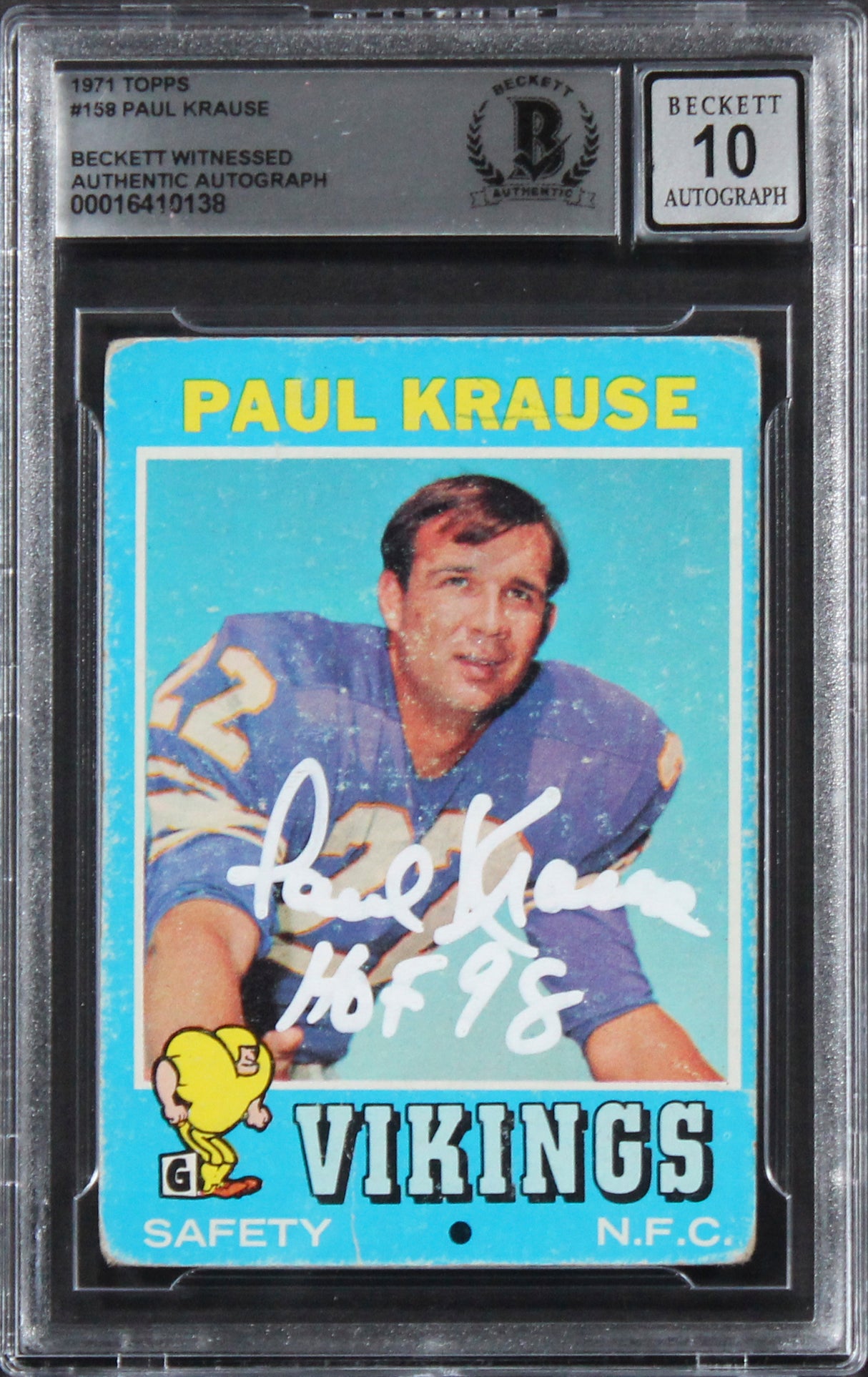 Vikings Paul Krause "HOF 98" Signed 1971 Topps #158 Card Auto 10! BAS Slabbed