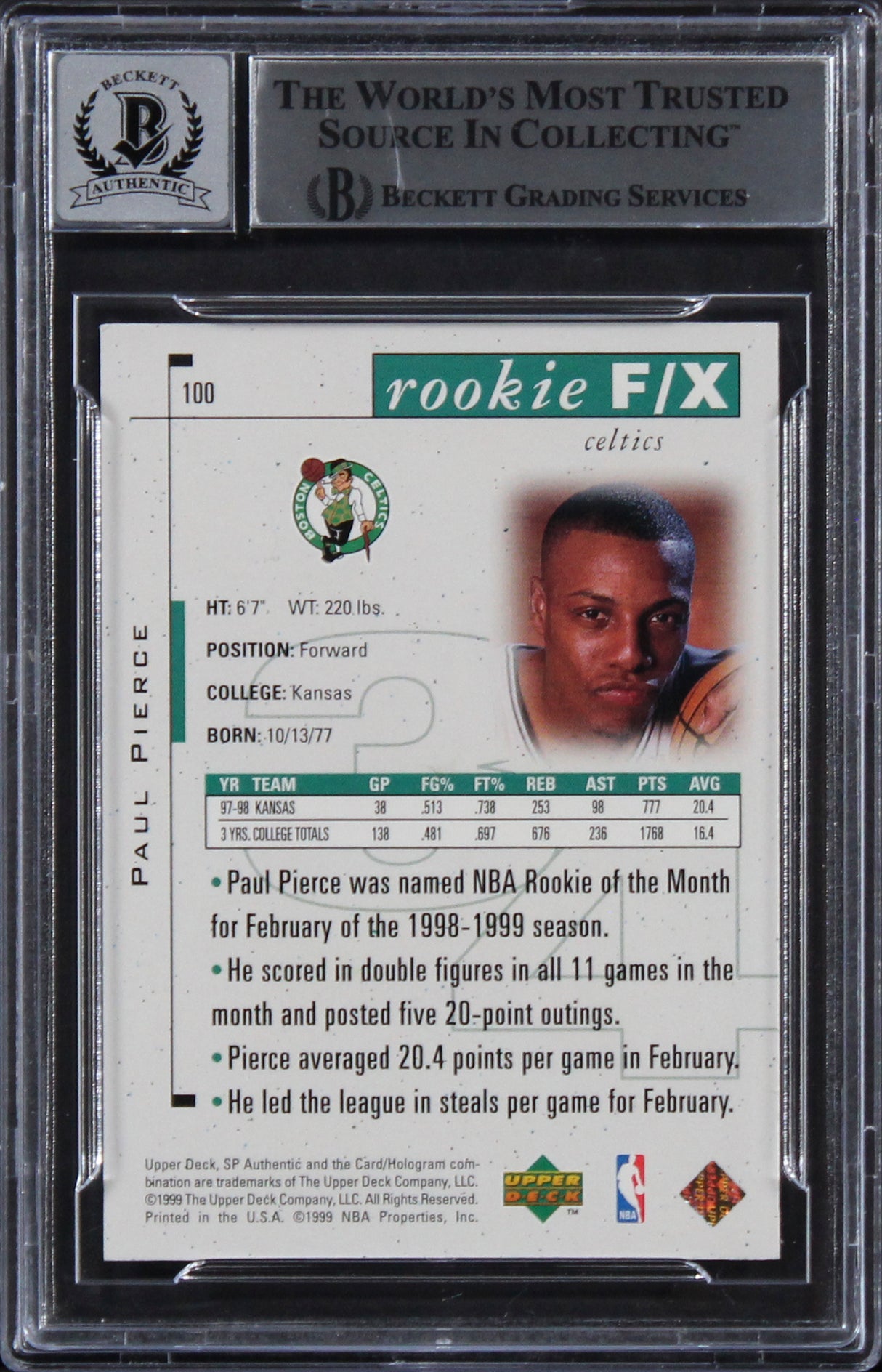 Celtics Paul Pierce Signed 1998 SP #100 Rookie Card Auto Graded 10! BAS Slabbed