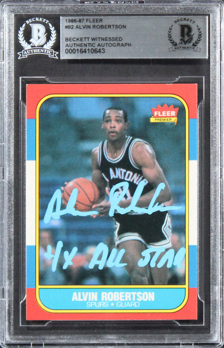 Spurs Alvin Robertson "4x All-Star" Signed 1986 Fleer #92 Card BAS Slabbed