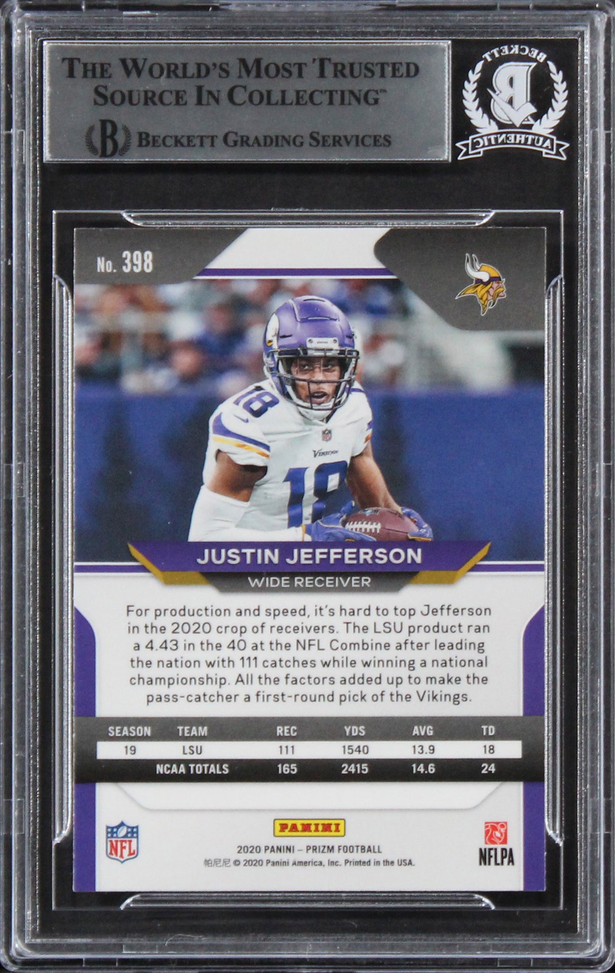 Vikings Justin Jefferson Signed 2020 Panini Prizm #398A Rookie Card BAS Slabbed