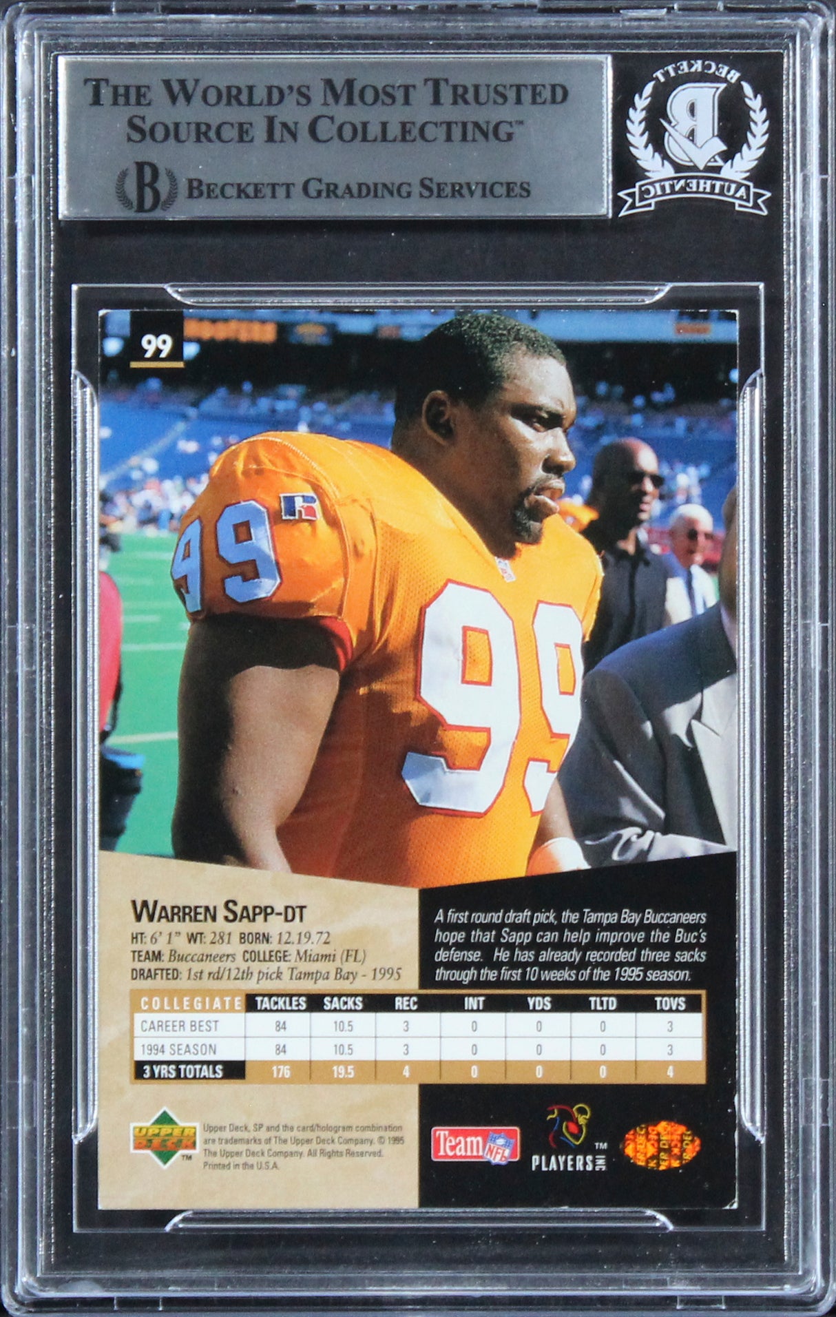 Buccaneers Warren Sapp HOF 13 Signed 1995 SP #99 Rookie Card BAS Slabbed