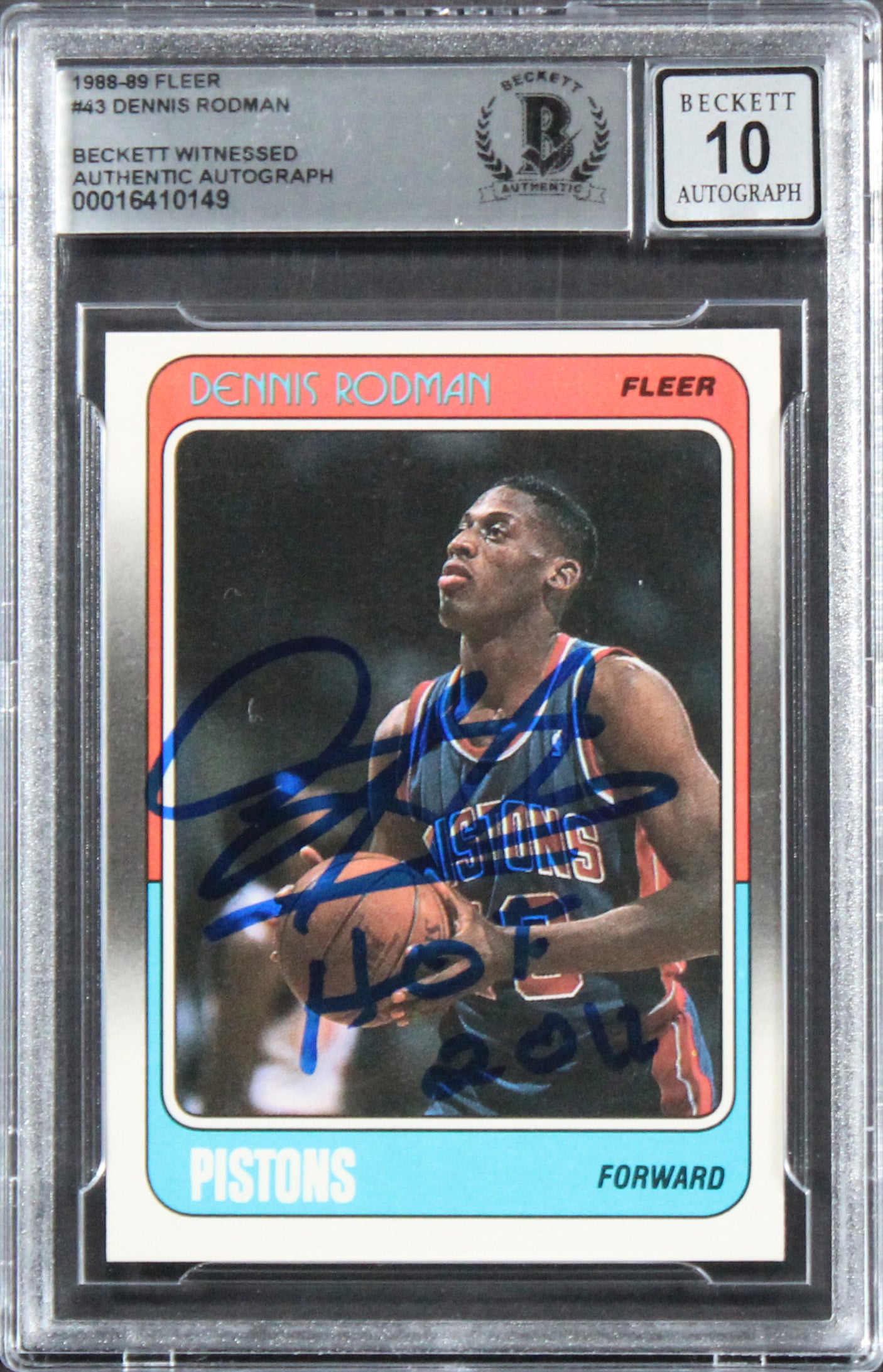 Pistons Dennis Rodman "HOF 11" Signed 1988 Fleer #43 Card Auto 10! BAS Slabbed