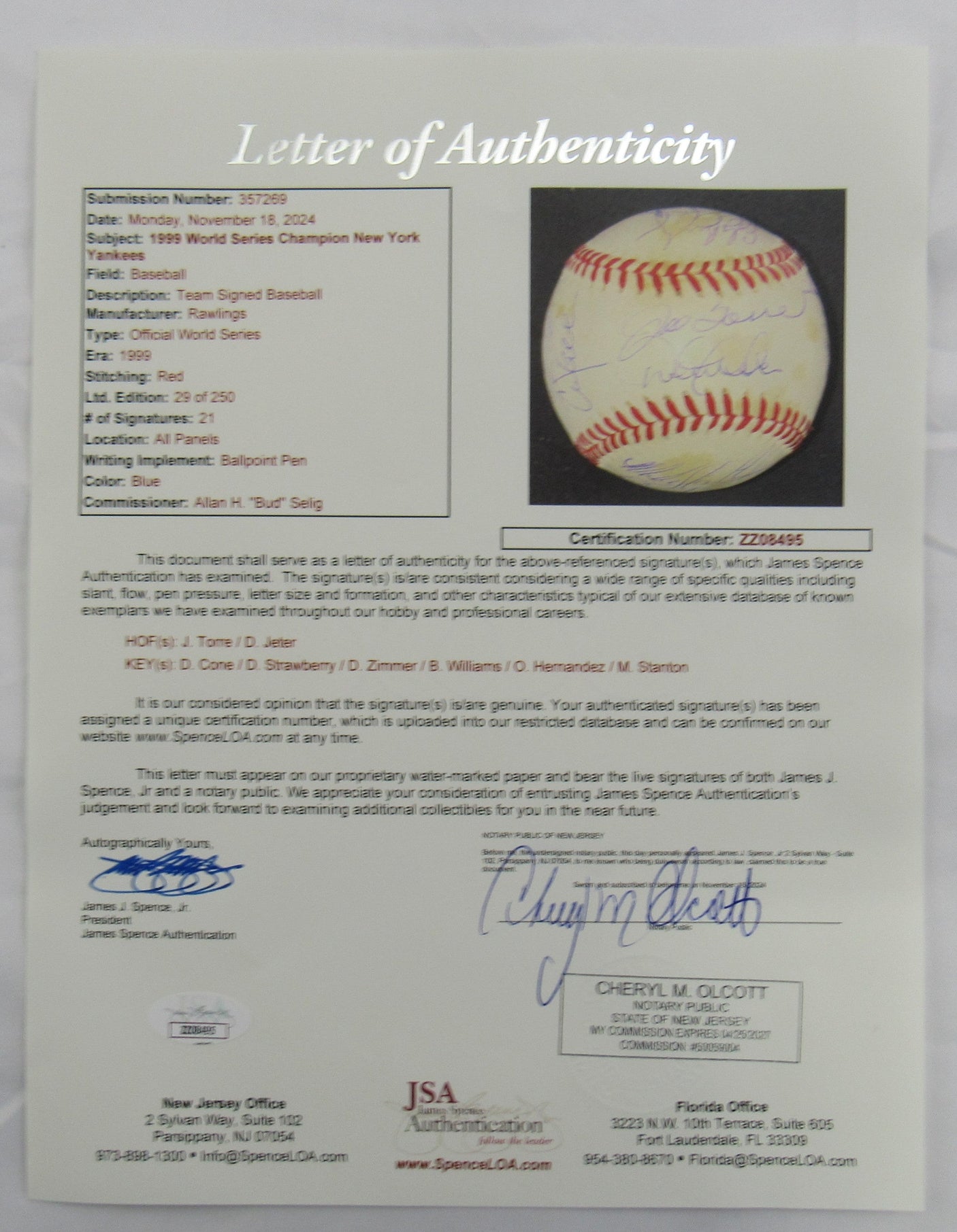 1998 New York Yankees Signed Auto Autograph Rawlings Baseball JSA LOA ZZ08495