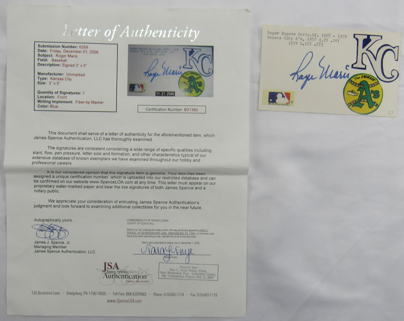 Roger Maris Signed Auto Autograph 3x5 Postcard JSA LOA B31360