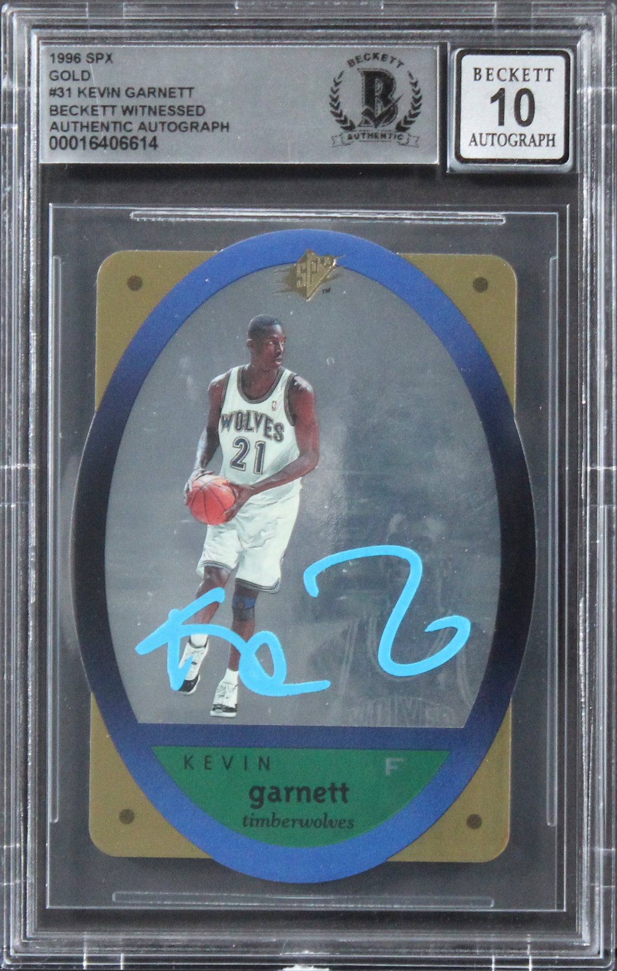 Timberwolves Kevin Garnett Signed 1996 SPX Gold #31 Card Auto 10! BAS Slabbed