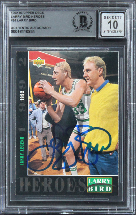 Celtics Larry Bird Signed 1992 Upper Deck Heroes #26 Card Auto 10! BAS Slabbed