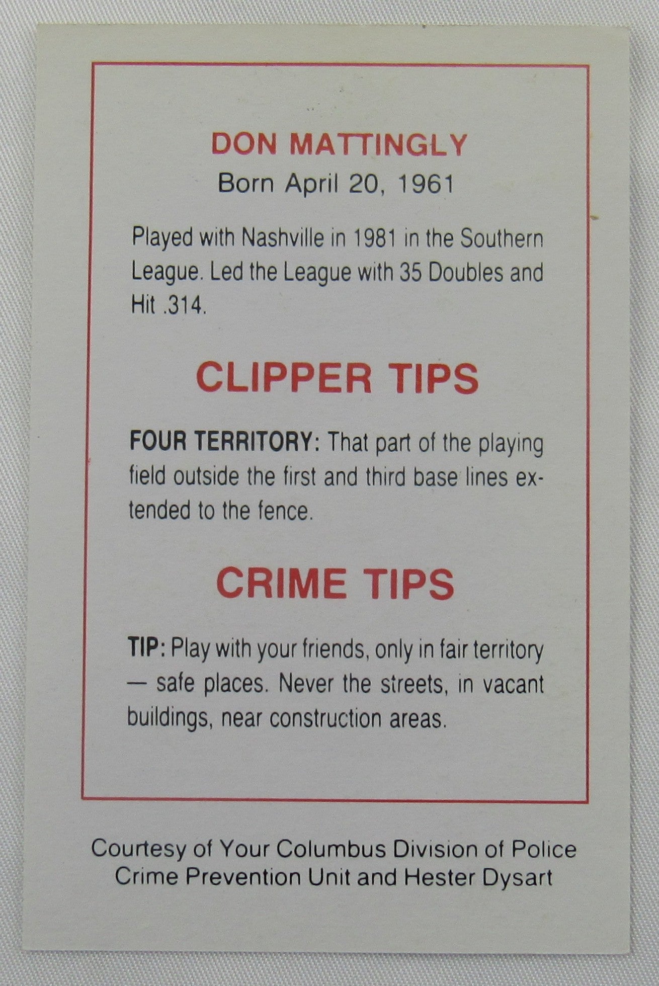 1982 Columbus Clippers Police Set AAA YANKEES DON MATTINGLY - Lot of 4