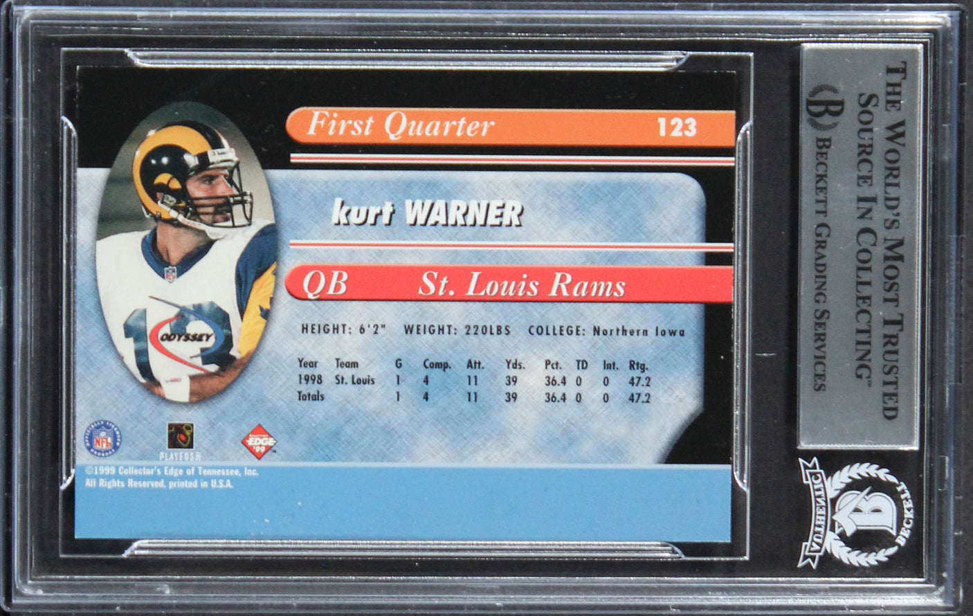 Rams Kurt Warner Signed 1999 Collector's Edge Odyssey #123 Card BAS Slab 3