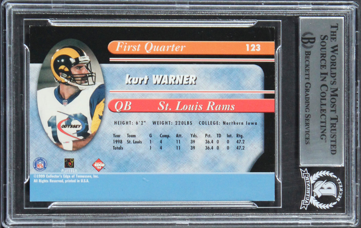 Rams Kurt Warner Signed 1999 Collector's Edge Odyssey #123 Card BAS Slab 1