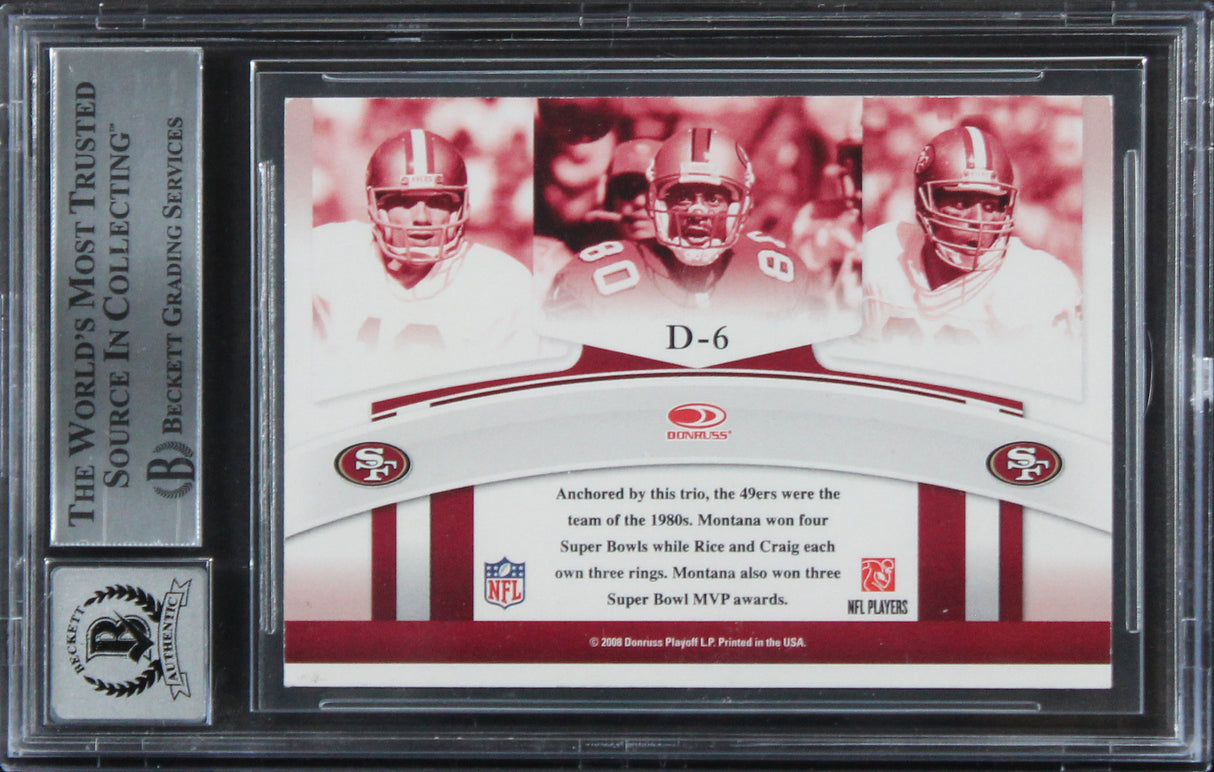 49ers Montana, Rice & Craig Signed 2008 Donruss Threads #6 Card Auto 10 BAS Slab