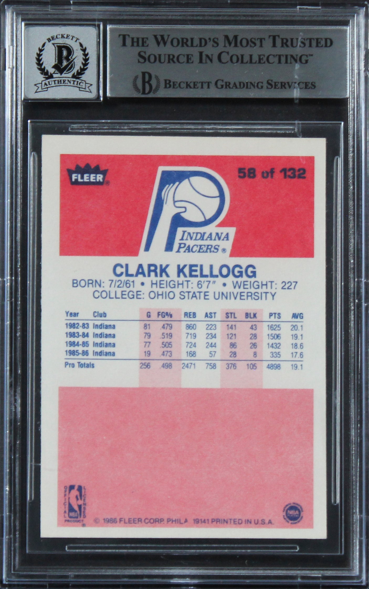 Pacers Clark Kellogg Authentic Signed 1986 Fleer #58 Card Auto 10! BAS Slabbed