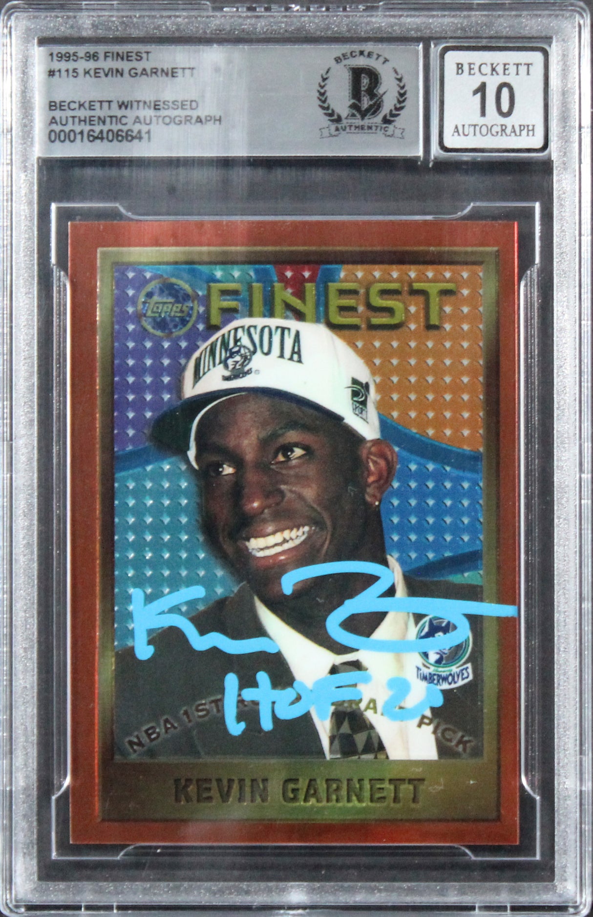 Timberwolves Kevin Garnett "HOF 20" Signed 1995 Finest #115 RC Auto 10! BAS Slab