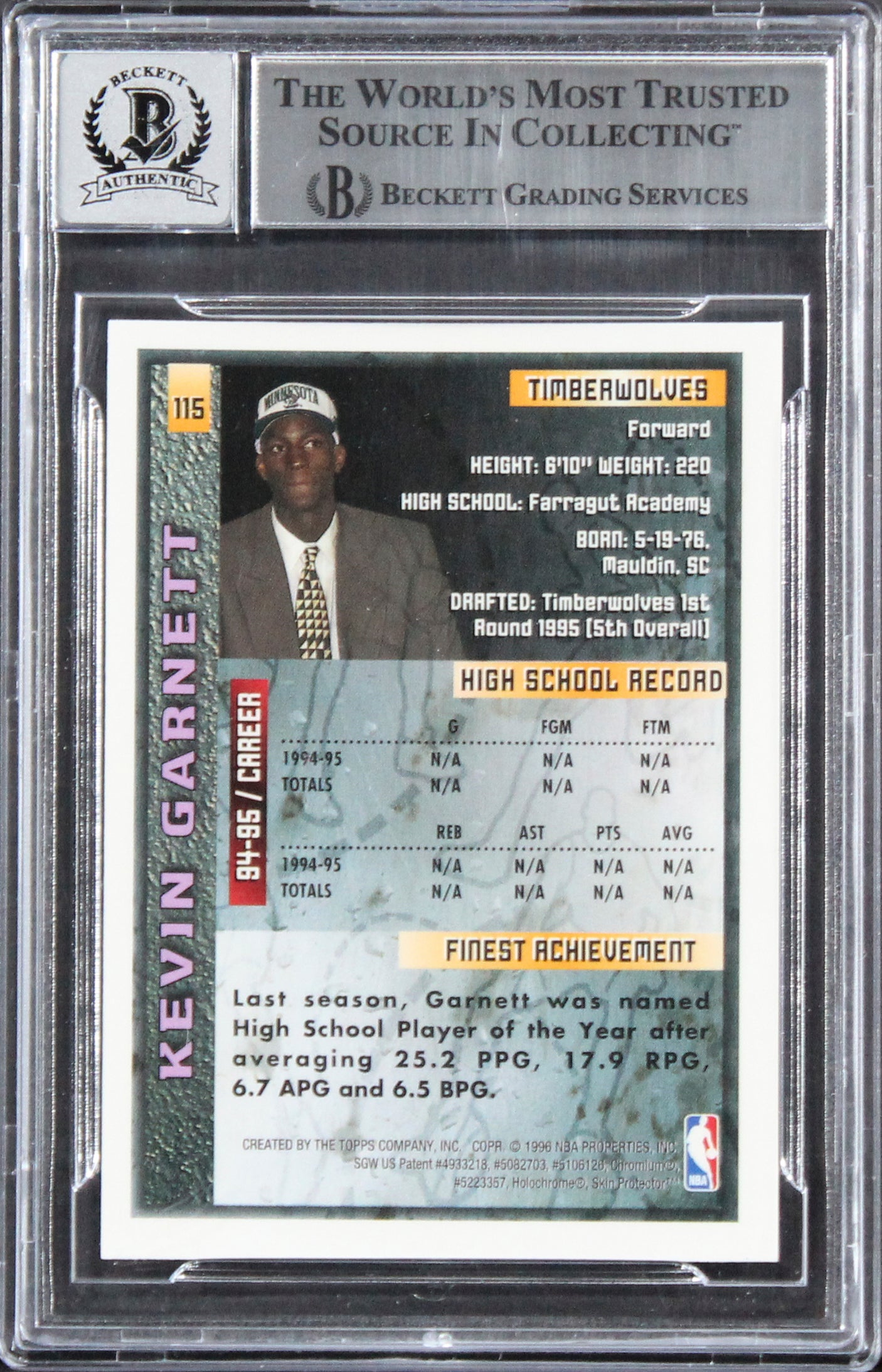 Timberwolves Kevin Garnett "HOF 20" Signed 1995 Finest #115 RC Auto 10! BAS Slab