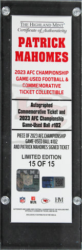 Patrick Mahomes Signed 2023 AFC Champ Replica Ticket w/ GU Ball Swatch LE BAS W