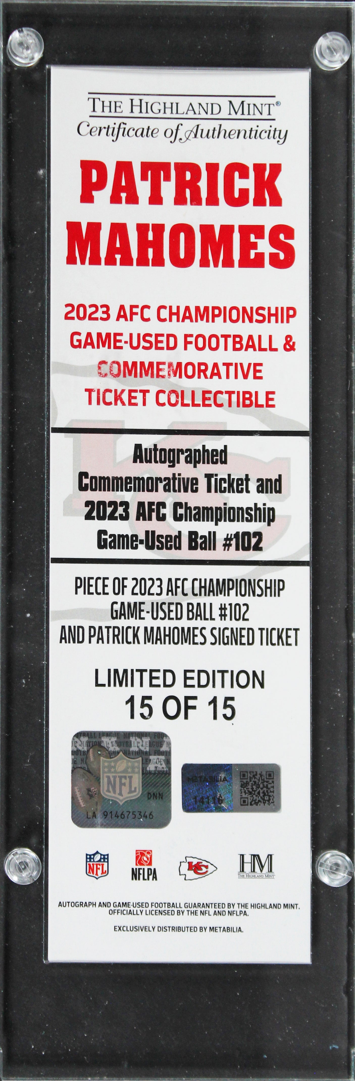 Patrick Mahomes Signed 2023 AFC Champ Replica Ticket w/ GU Ball Swatch LE BAS W