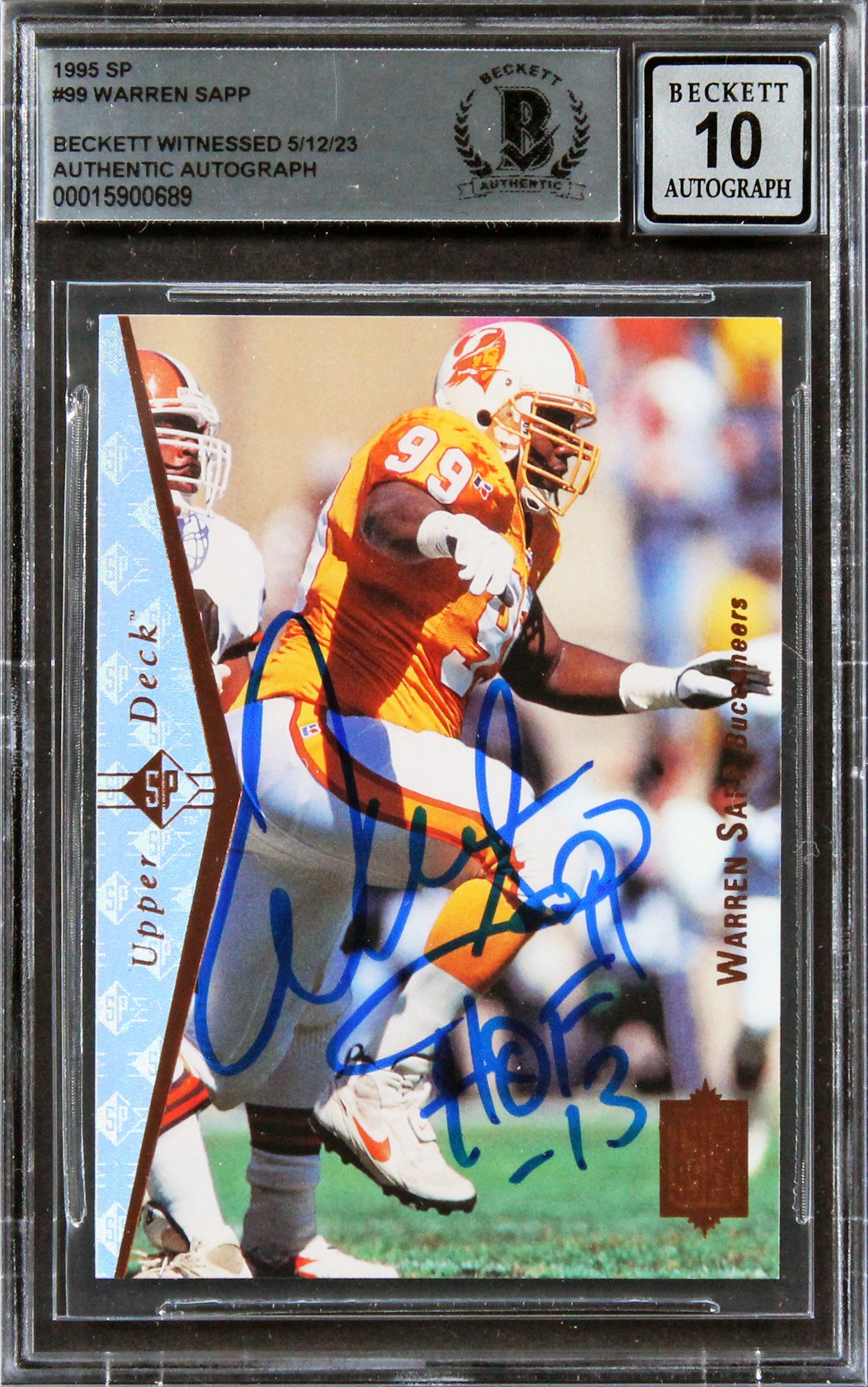 Buccaneers Warren Sapp "HOF 13" Signed 1995 SP #99 Rookie Card Auto 10! BAS Slab