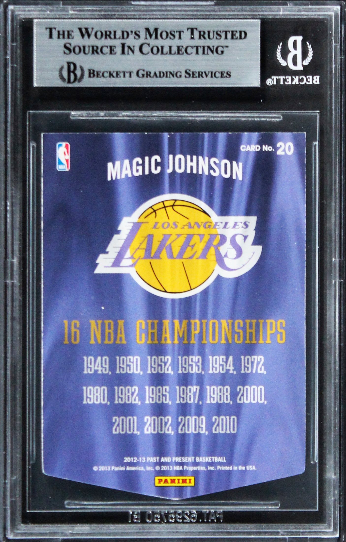 Lakers Magic Johnson Signed 2012 Panni P&P Champ Banners #20 Card BAS Slab 1