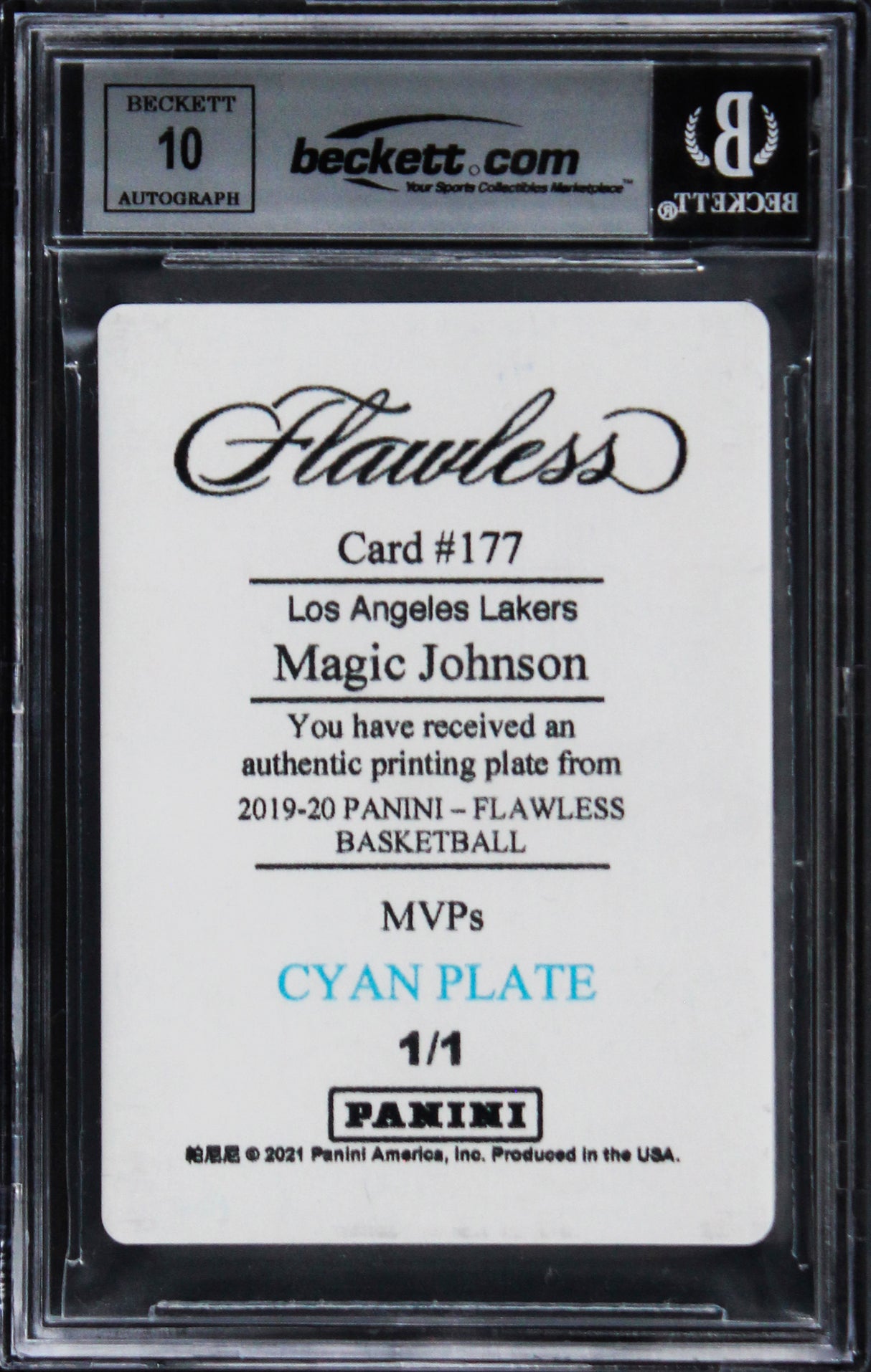 Magic Johnson Signed 2019 Panini Printing Plates Cyan #177 Card Auto 10 BAS Slab