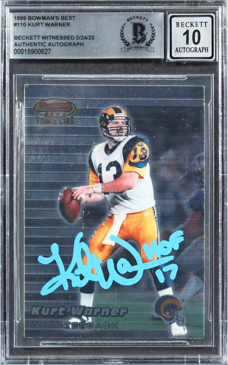 Rams Kurt Warner HOF 17 Signed 1999 Bowman's Best #110 RC Card Auto 10! BAS Slab