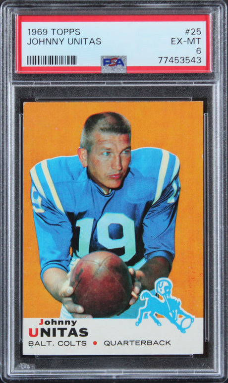 Colts Johnny Unitas 1969 Topps #25 Card Graded EX-MT-6 PSA Slabbed