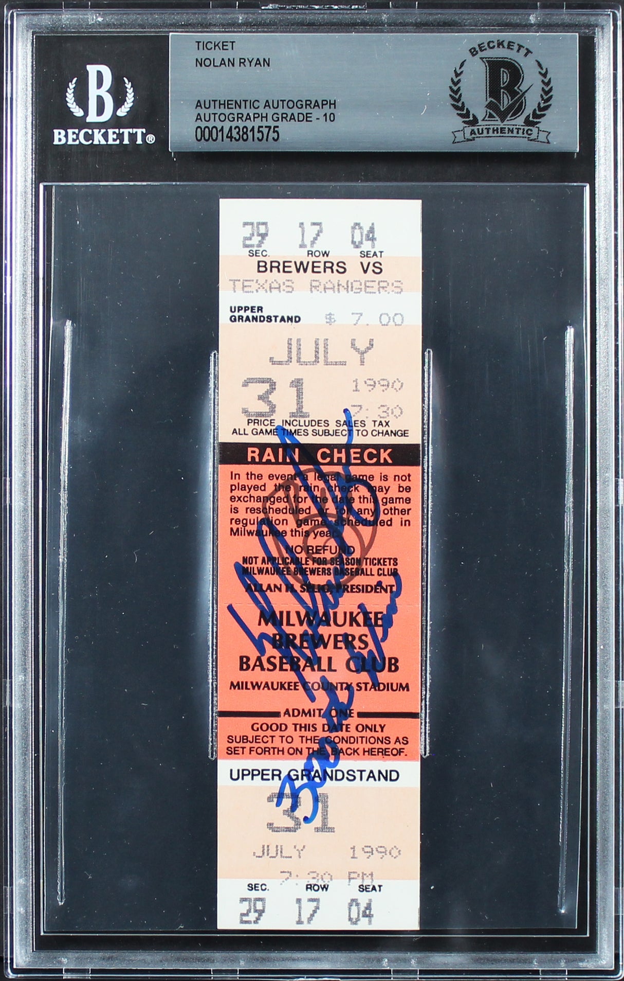 Rangers Nolan Ryan "300th Win" Signed July 31, 1990 Ticket Stub Auto 10 BAS Slab